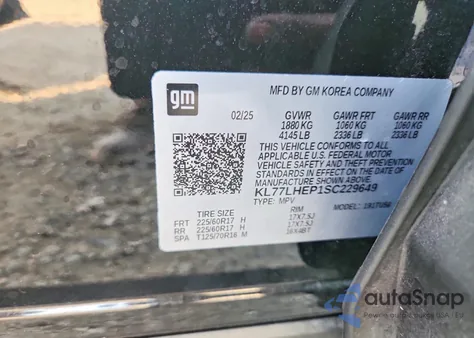 2025 Chevrolet Trax 1Lt z USA, uszkodzony, nr VIN KL77LHEP1SC229649